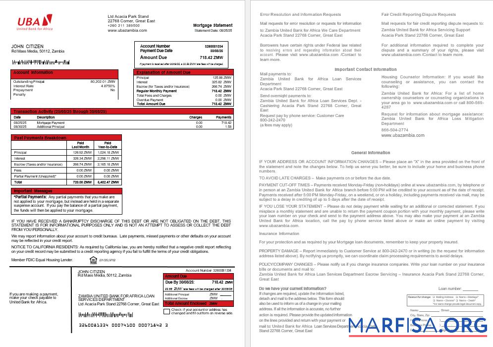 Printable Zambia United Bank for Africa bank mortgage statement in Word and PDF formats real example